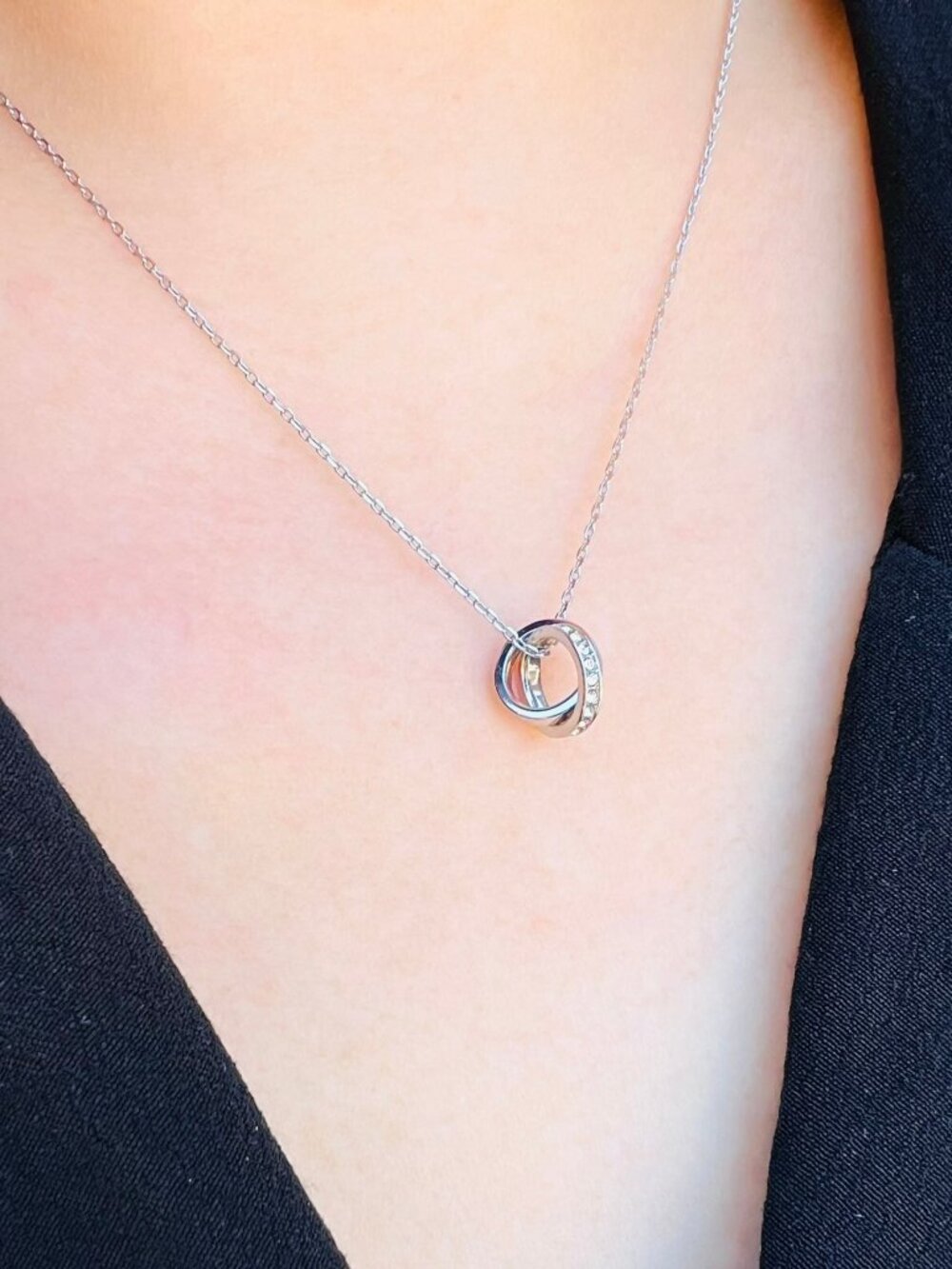 925 Sterling Silver White Gold Plated CZ Interlocking Necklace